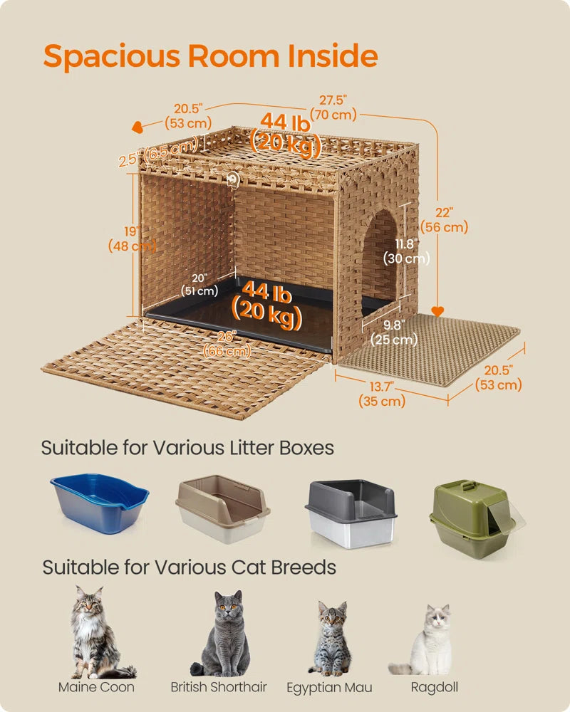 Boho Handwoven Rattan Hidden Litter Box Furniture | Washable Tray & Litter Mat Included