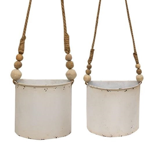 Set of 2 Shabby Chic Half Round Planters With Jute Hangers
