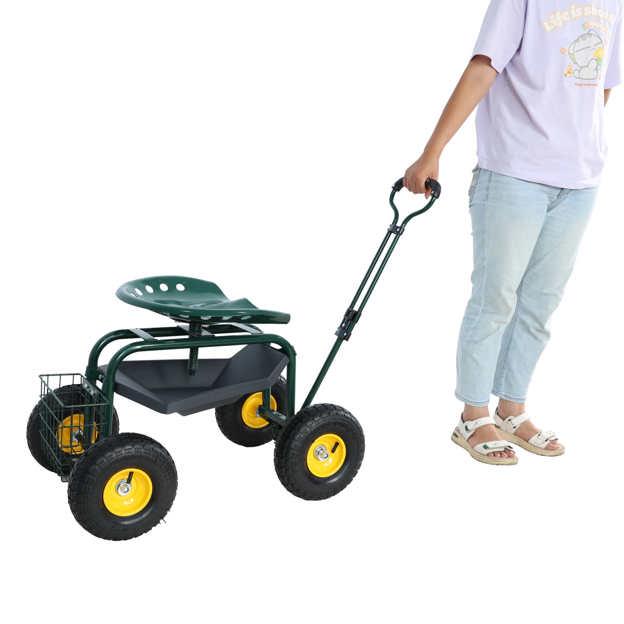 Garden trolley Rolling work chair with wheels, garden stool for planting, 360 degree swivel seat, station wagon scooter with steering handle and utility tray, for yard and outdoors, (green)