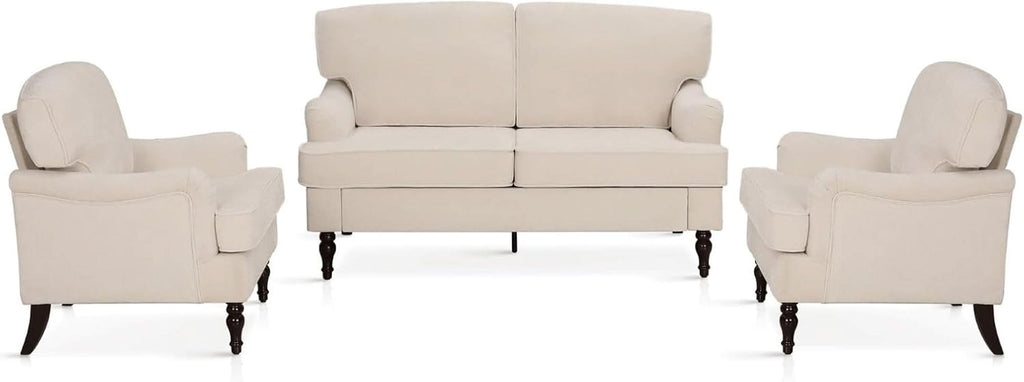 Three Piece Living Room Furniture Set With Linen Fabric Loveseat And Two Accent Chairs Off White